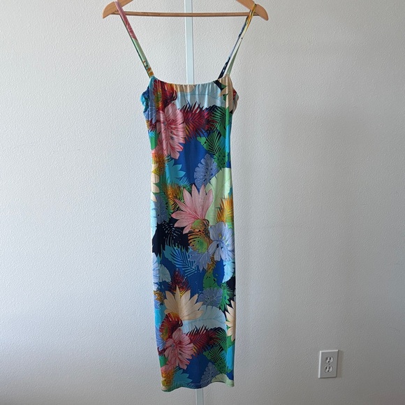 Tropical Floral Dress Sz M Bodycon Crisscross Open Back Resort Y2K Glam Festival - Picture 6 of 11